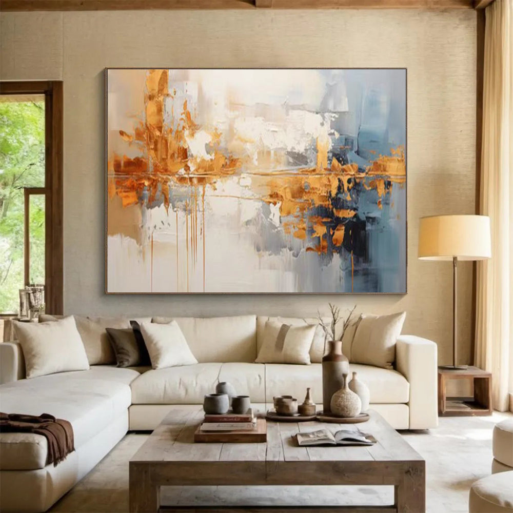 Gold & Blue Abstract Textured Art - Luxe Modern Living Room Focal Point DLZ183