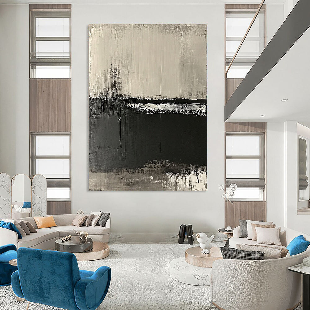 Contemporary hand-painted abstract artwork on textured canvas featuring neutral tones and a striking black-and-white horizon landscape. DLZ0679