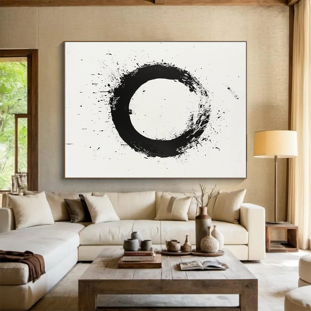 Black Circular Brushstroke with Splatter & Drip - “Classic Enso Expression” Painting On Canvas HB250