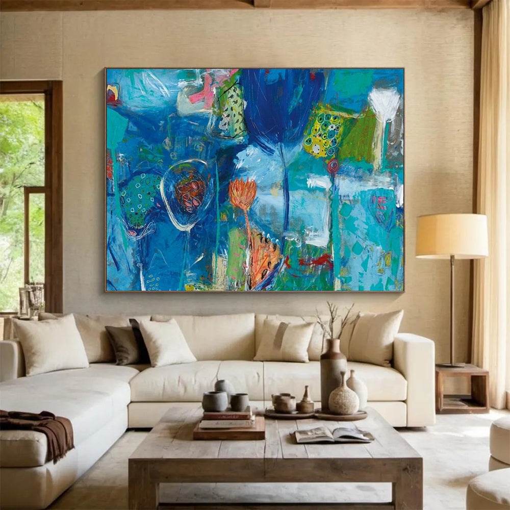 Blue Abstract Flower Field - Whimsical Living Room or Nursery Decor DLZ245