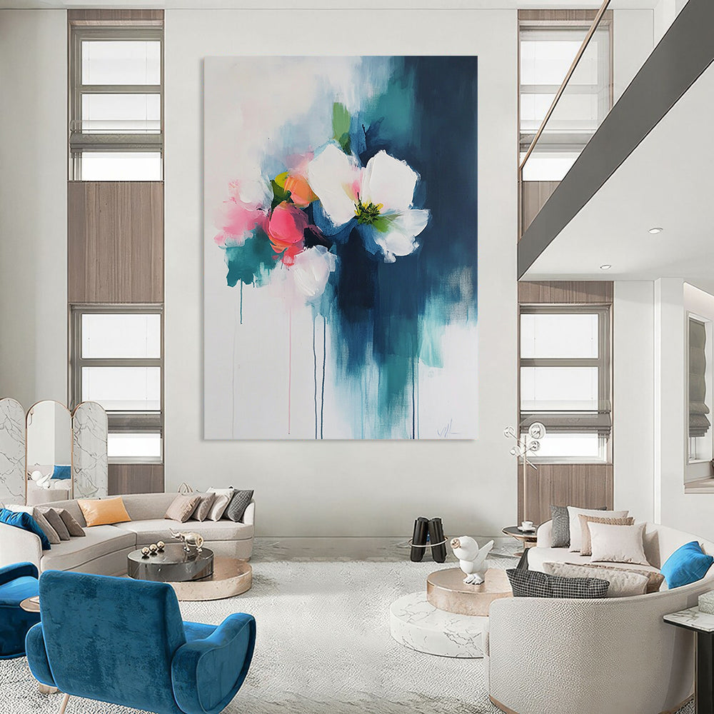 Contemporary abstract art featuring thick brush strokes of dark teal and light pink on a white background, evoking a soft and atmospheric floral theme. DLZ0621