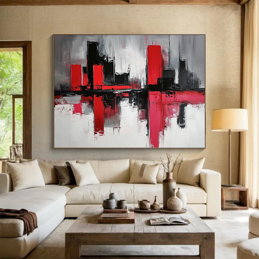 “Abstract Cityscape in Red and Black” - Red, black, white, gray; Abstract cityscape with reflection effects; Acrylic Painting On Canvas HB1272
