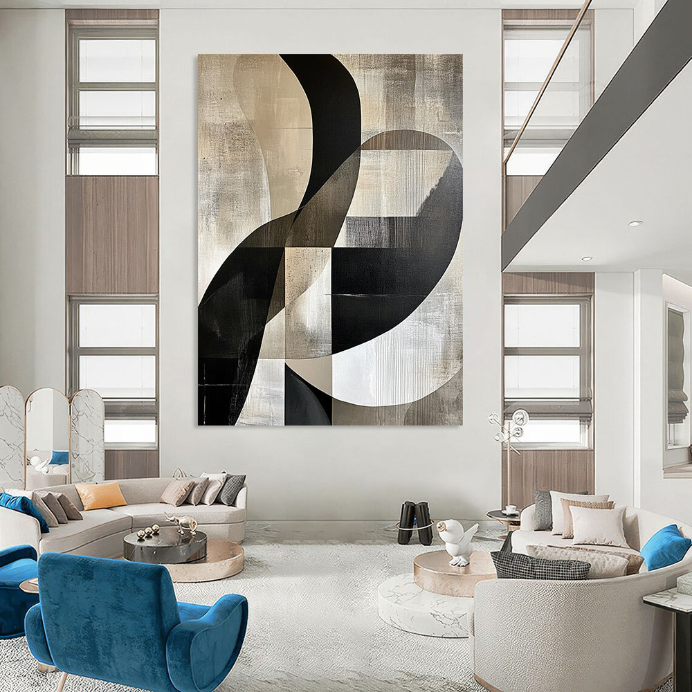Large contemporary handcrafted abstract painting featuring gray beige and black tones with white accents smooth curves and geometric forms emphasizing negative space and light-shadow interplay. DLZ1371