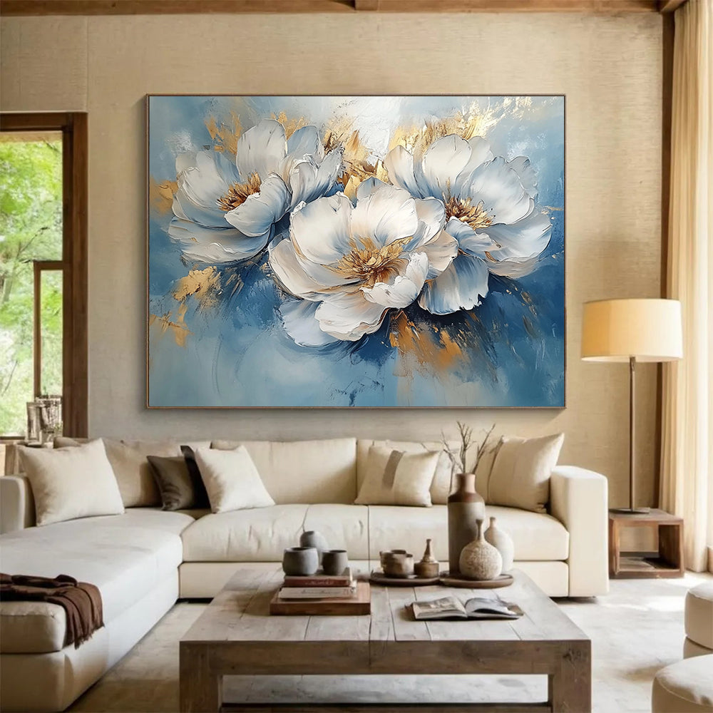 “Blue - Gold Peonies” - Blue, White, Gold with Peony Blooms - Impasto Oil Painting HB1346