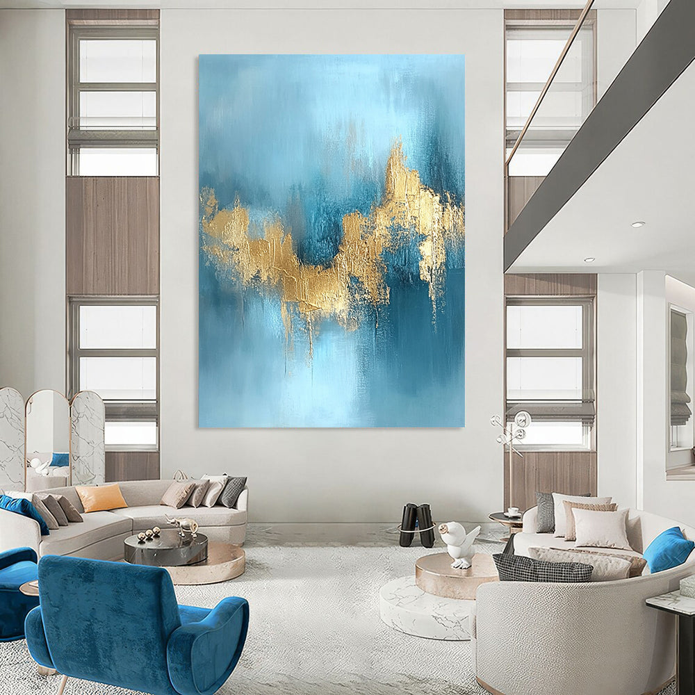 Contemporary hand-painted abstract art featuring a serene water and sky blue backdrop adorned with stunning gold foil textures. DLZ0723
