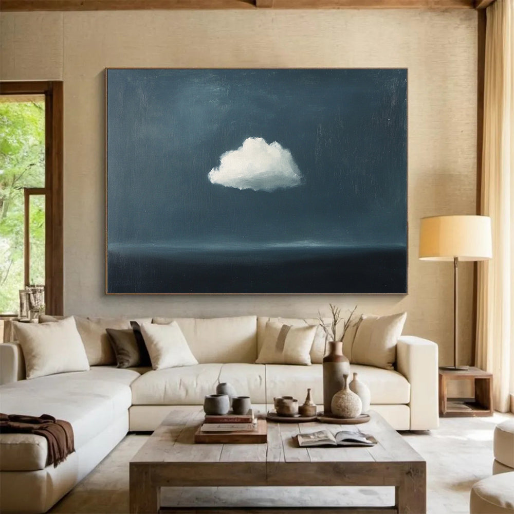 “Lone Cloud Over Sea” - Dark Blue, White, Minimalist Landscape Painting On Canvas HB0710