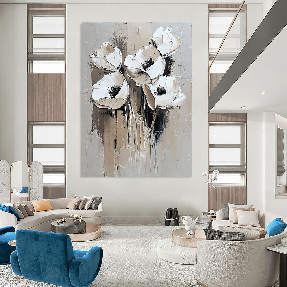 Contemporary abstract painting featuring white flowers with minimal detail in oil strokes on a grey background perfect for modern decor. DLZ0671