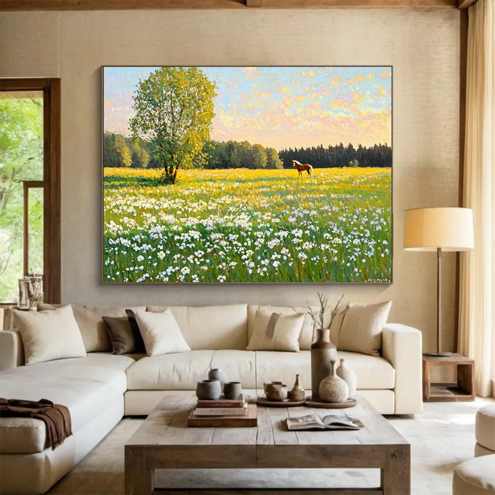 “Sunlit Field with Tree and Horse” - Bright Greens, Yellows, Blues, Field with Tree and Horse - Realist Oil Painting HB1688