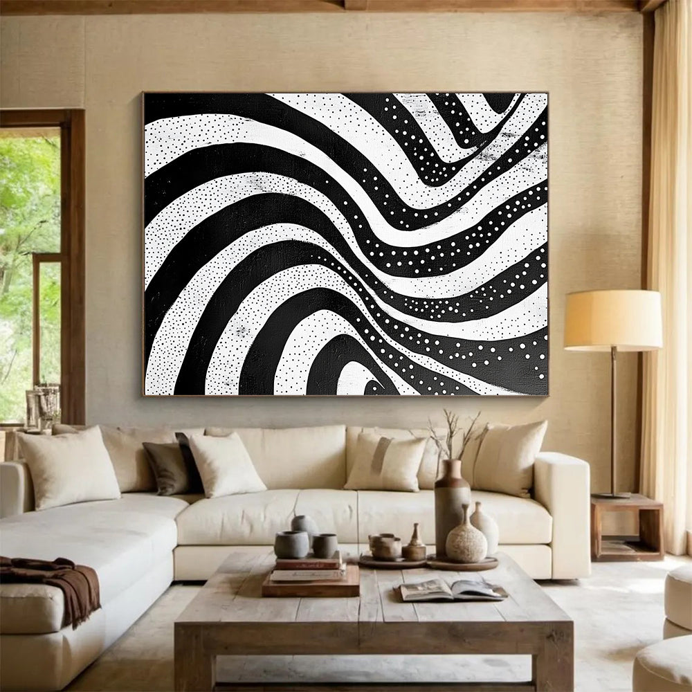 Black and White Wavy Dots "Rhythmic Flow" Painting On Canvas HB255