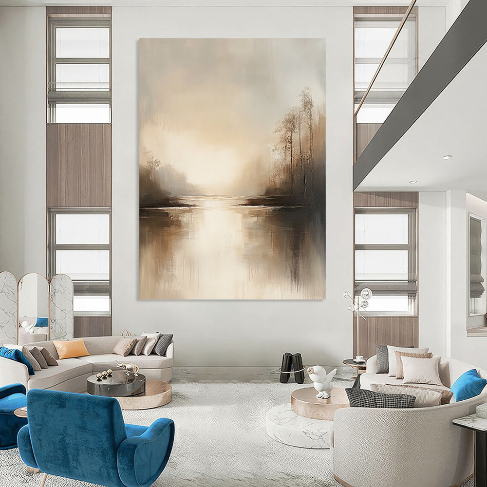 Abstract landscape artwork featuring neutral beige and gray tones tranquil water reflections and a serene muted sky evoking an ethereal calmness. DLZ0414