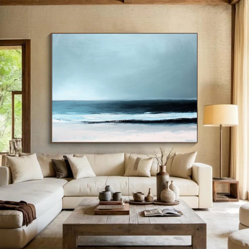 “Minimalist Beach Horizon” - Light blue, black, white; Abstract beach scene; Soft Acrylic Painting On Canvas HB1189