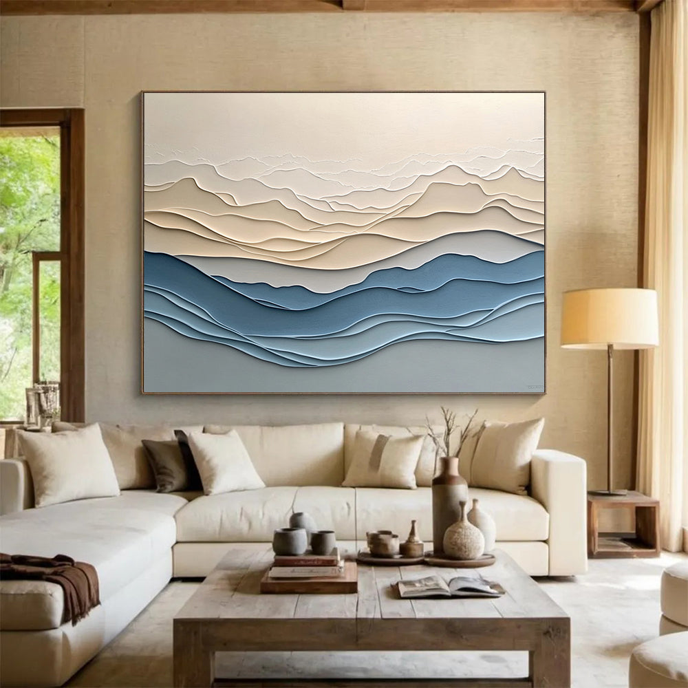“Layered Mountain Waves” - Beige, Blue, Gray, Layered Wavy Mountain - Textured Relief Art HB1776