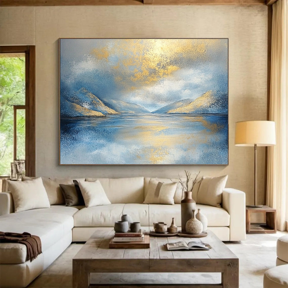 “Golden Mountain Reflection” - Blue, Gold, White, Sparkling Lake and Sunlit Peaks Painting On Canvas HB0919