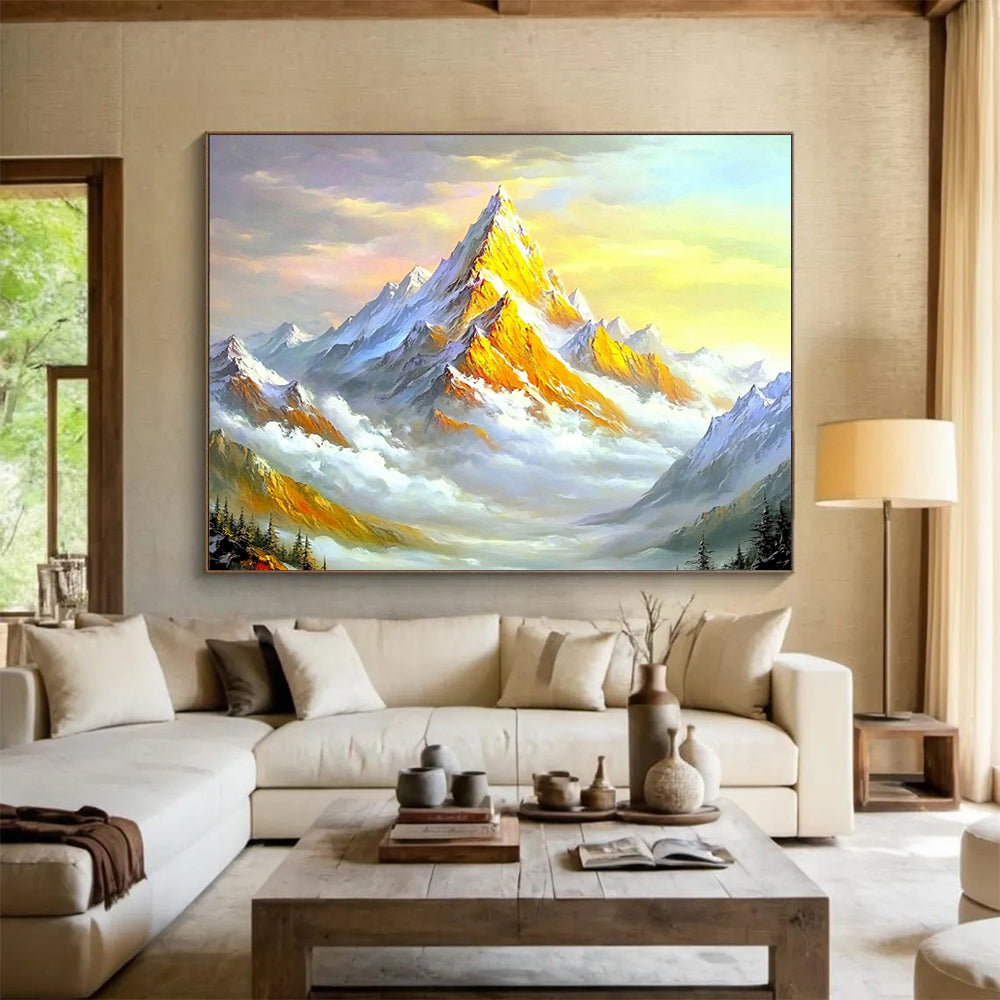 “Sunlit Golden Mountain” - Gold, White, Blue, Colorful Mountain Scene - Oil Painting HB1649