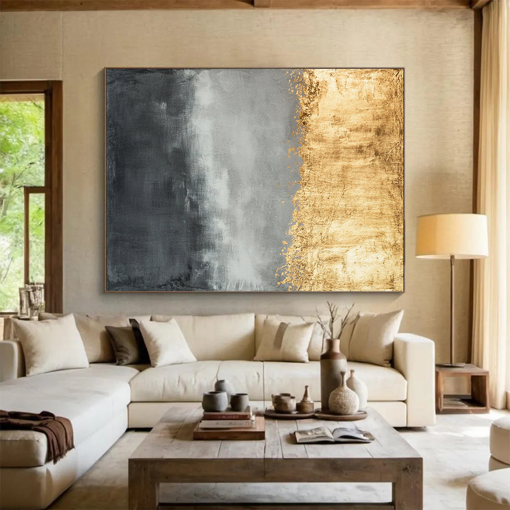 Gold, Gray & White Textured Layers - “Gilded Dawn Mist” Painting On Canvas HB193
