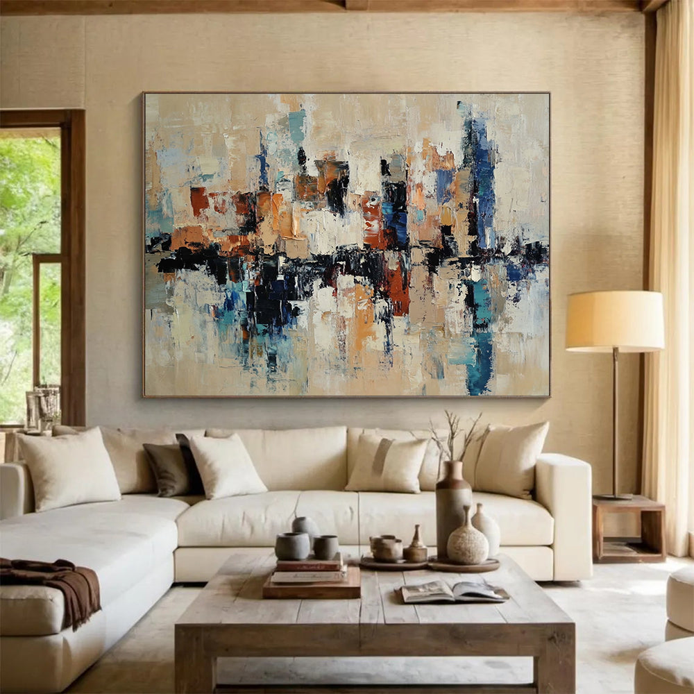 “Cityscape Abstract” - Beige, Blue, Brown, White with Reflective Shapes - Painting On Canvas HB1393