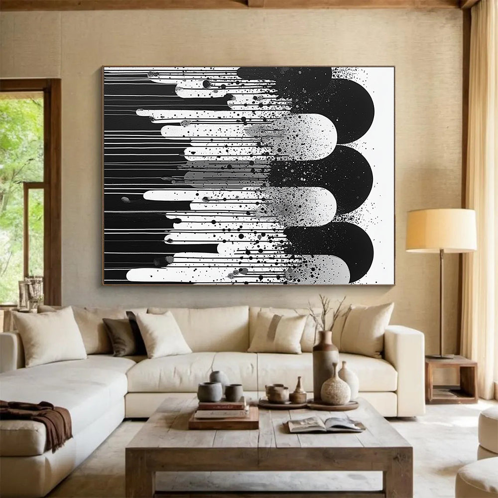 Black, White and Gray Dripping Shapes "Moody Meltdown" Painting On Canvas HB285
