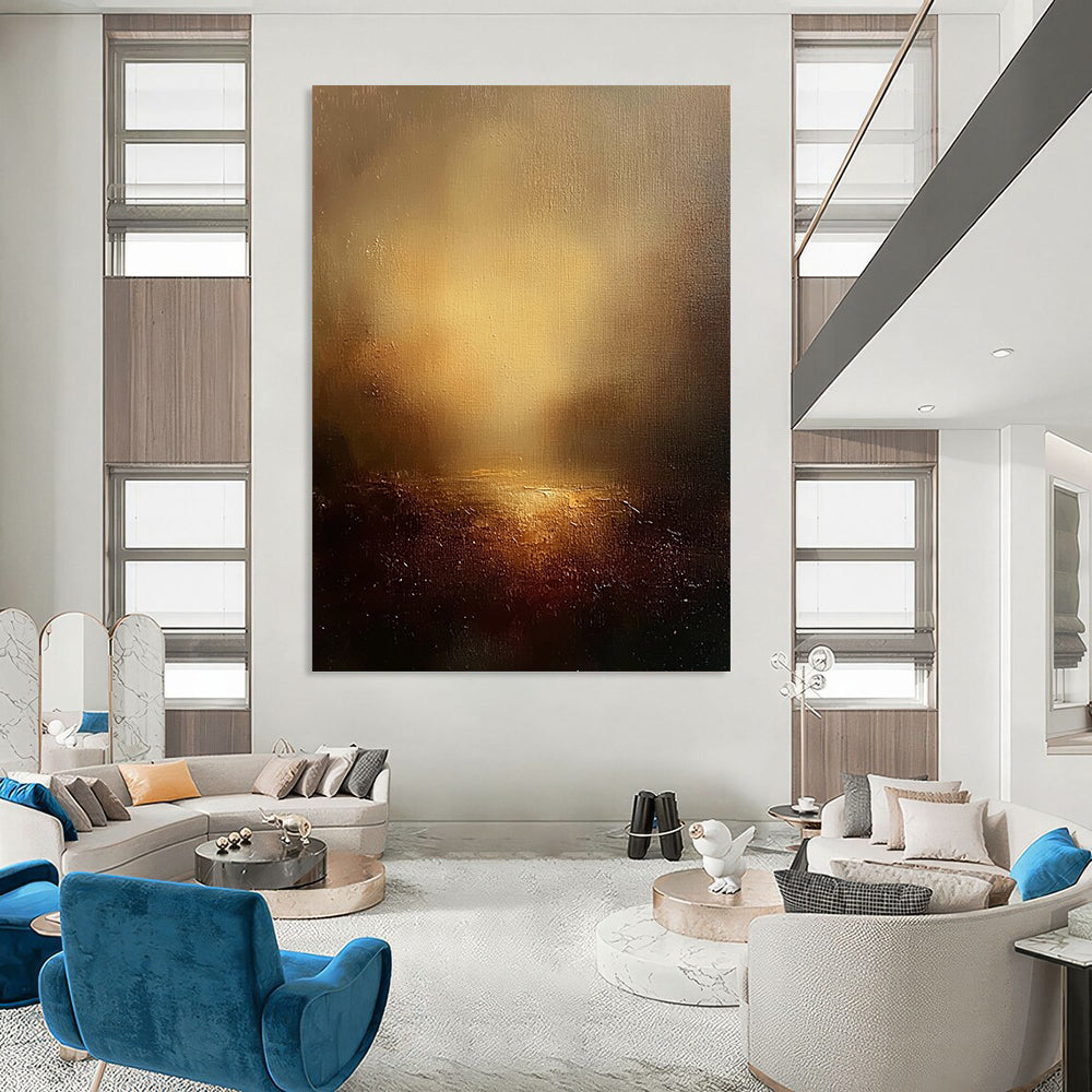 Contemporary abstract painting featuring an ethereal landscape with warm tones golden light and textured canvas against a dark sky backdrop. DLZ0458
