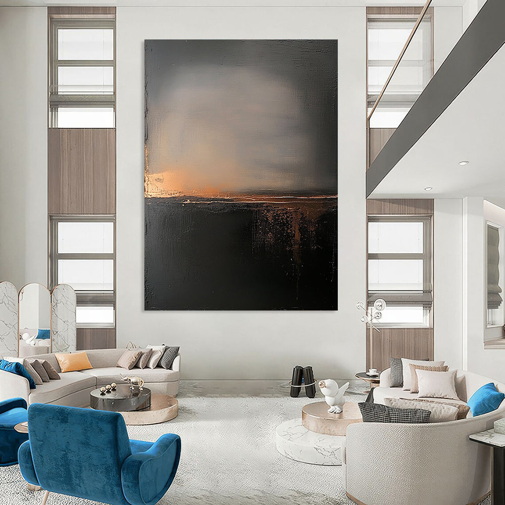 Contemporary abstract painting featuring atmospheric clouds and a foggy landscape in muted gray and black tones with hints of gold enhancing serenity and introspection. DLZ0692