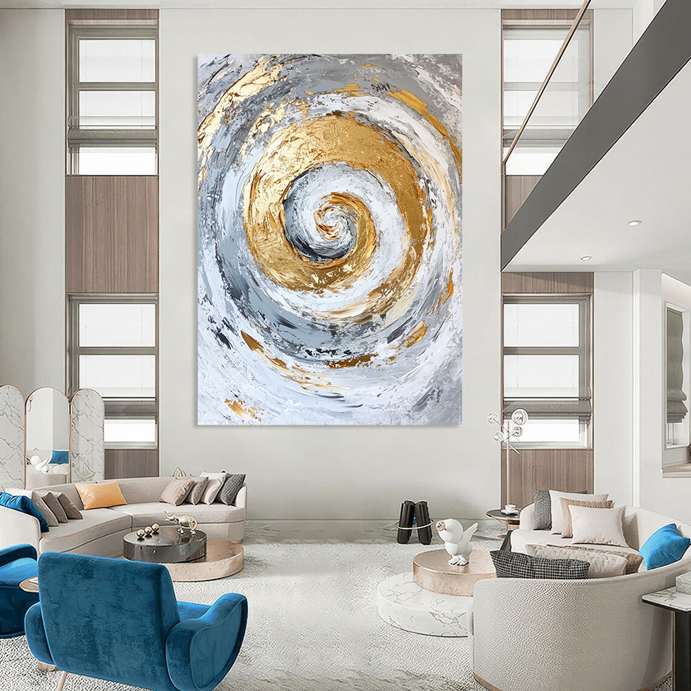 Contemporary hand-painted abstract artwork featuring a spiral design with gold accents on a textured white and grey background. DLZ0807