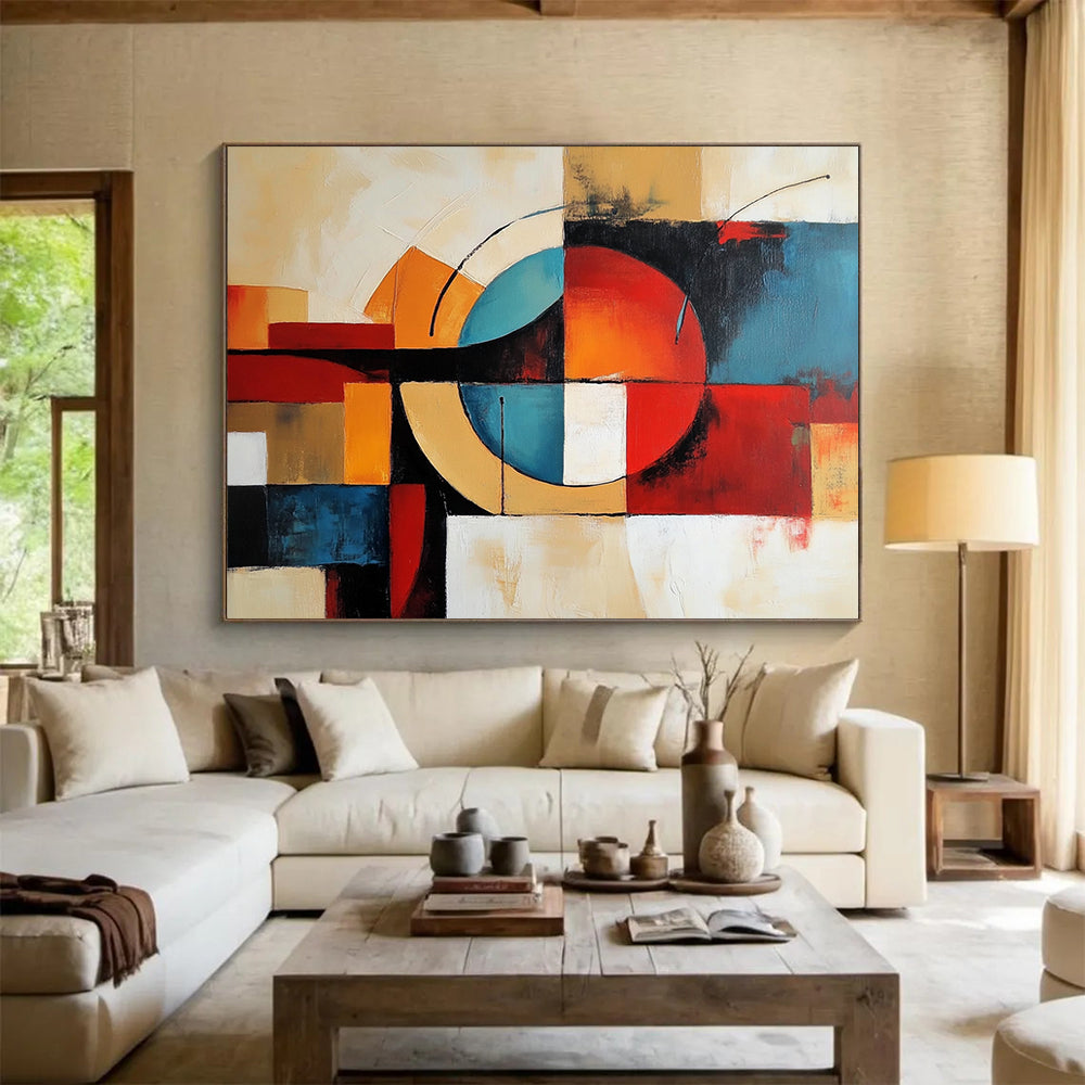 “Geometric Abstract Composition” - Red, blue, orange, beige, white; Geometric abstract shapes and lines; Acrylic Painting On Canvas HB1241