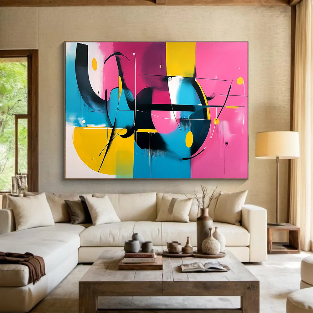 “Vibrant Abstract Composition” - Pink, yellow, blue, black; Abstract composition with dynamic lines; Acrylic Painting On Canvas HB1273
