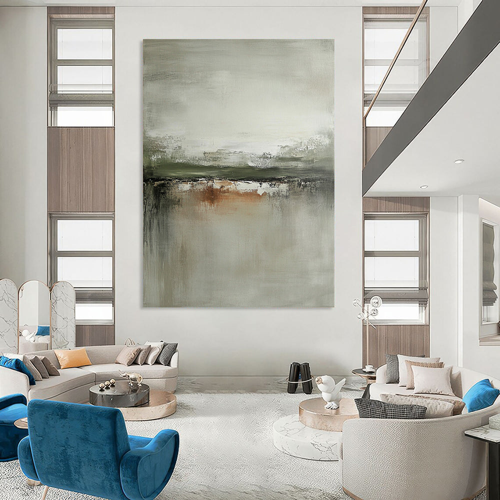 Large contemporary hand-painted abstract art featuring neutral tones grays and sage green with distressed edges on canvas. DLZ0439