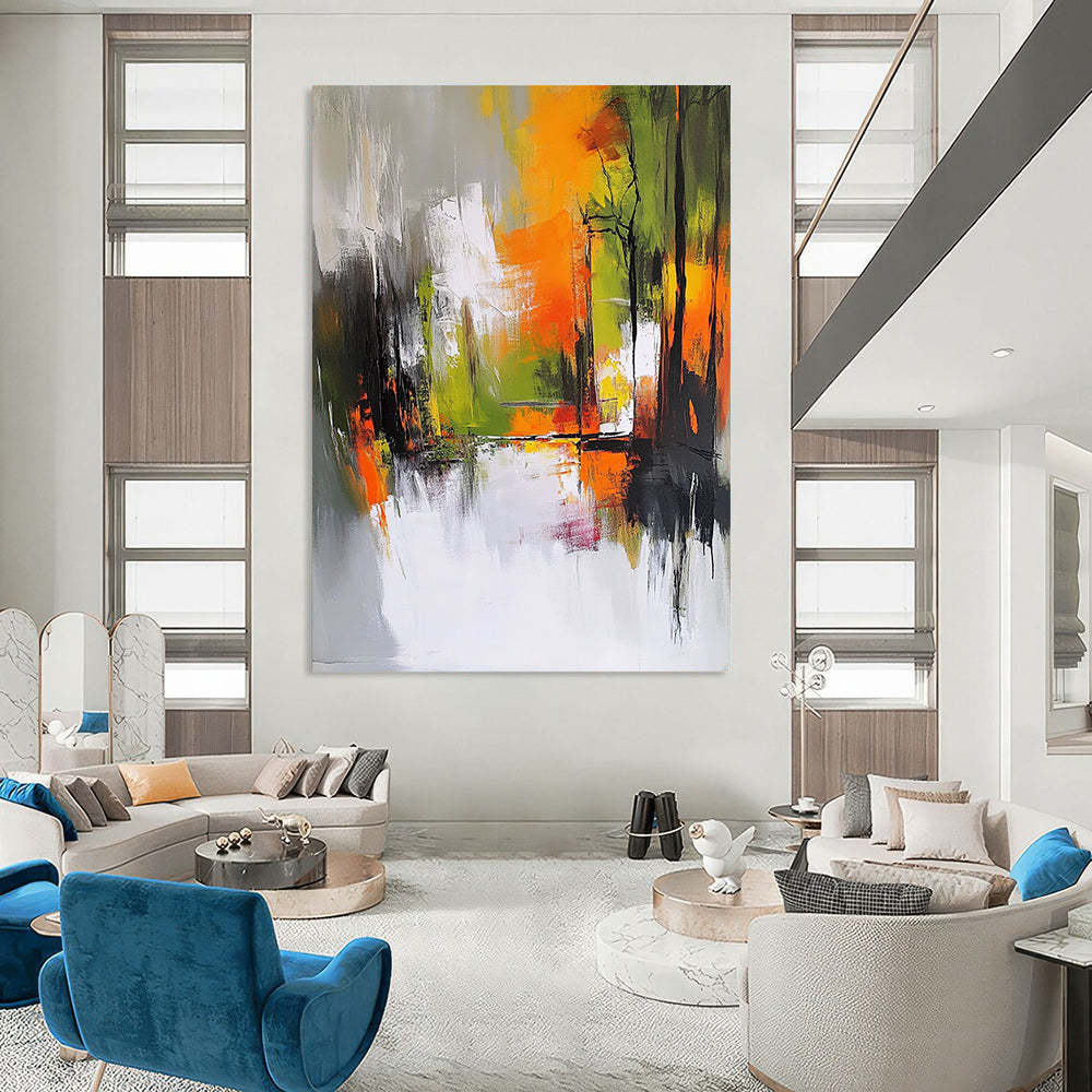 Contemporary hand-painted abstract art features an autumn forest in gray and white with vibrant orange yellow and green accents showcasing dynamic brush strokes. DLZ0947