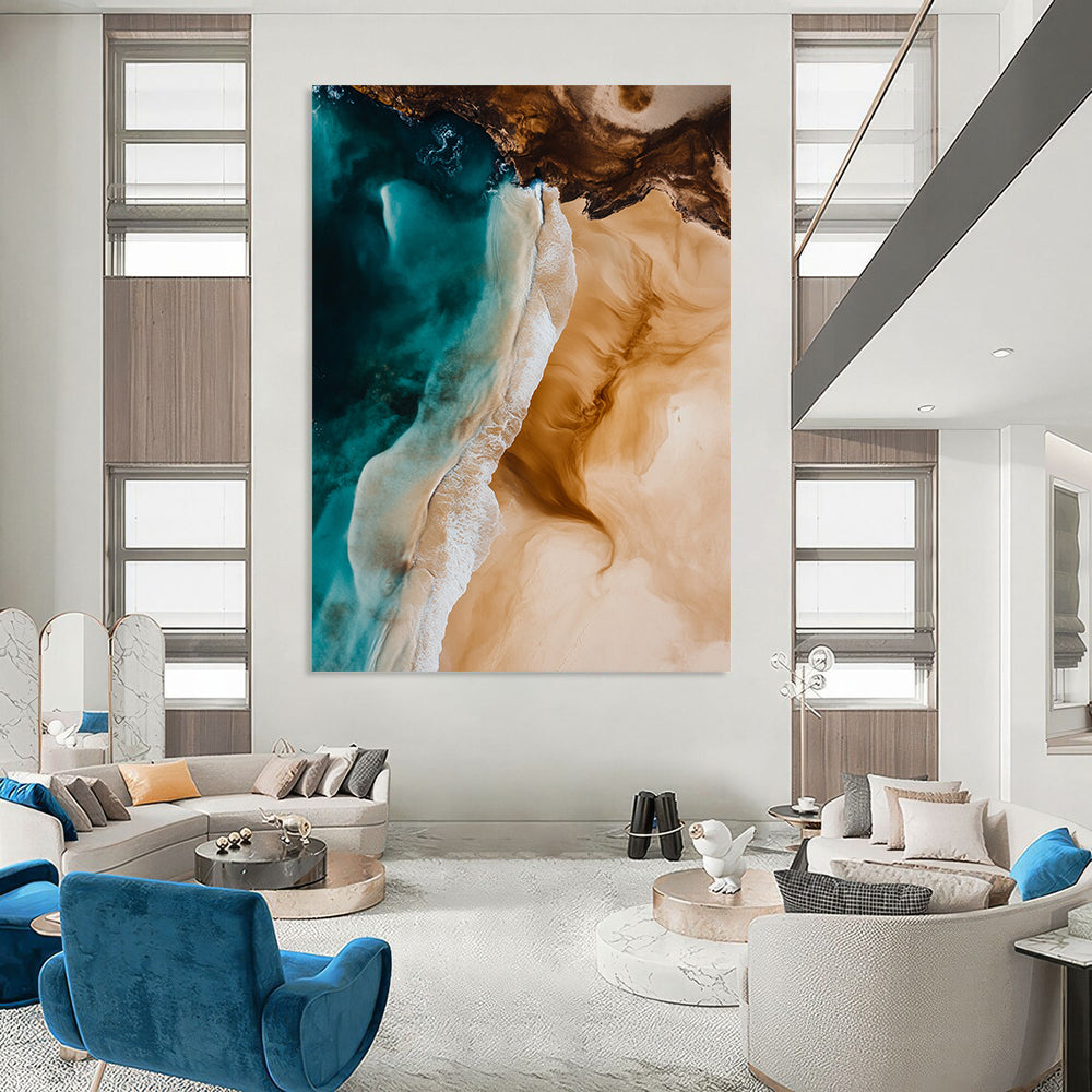 Contemporary hand-painted abstract art featuring ocean waves and sandy beaches in light brown and blue hues, capturing natural beauty and serene tones. DLZ1484