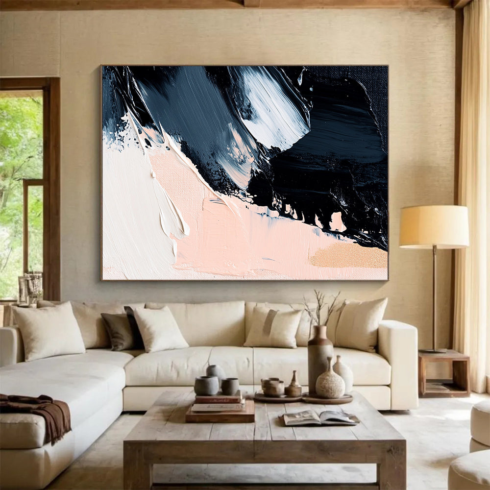 Black, White, Gold, Blush, Brush Strokes "Gilded Blush Drama" Abstract Gestural Painting On Canvas HB168