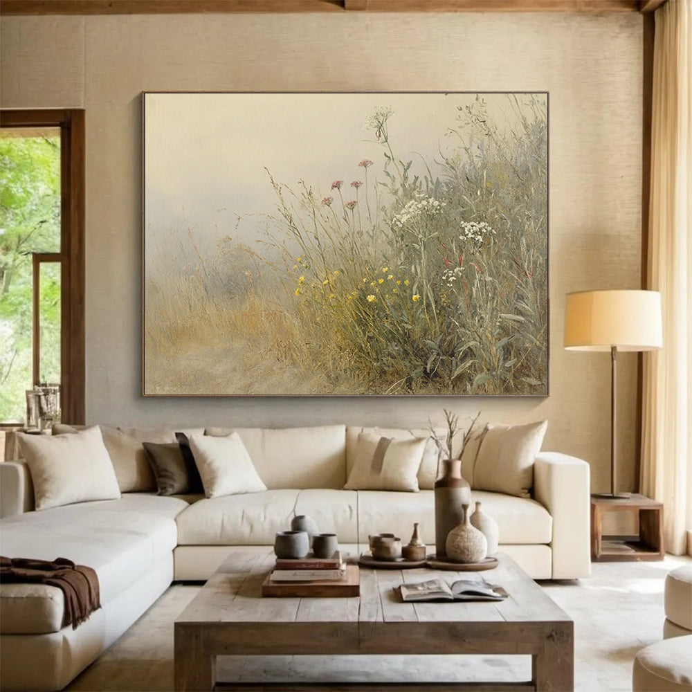 “Misty Meadow Wildflowers” - Beige, Gray, Pink, Yellow, White, Hazy Field of Flowers - Impressionistic Oil Painting HB1772