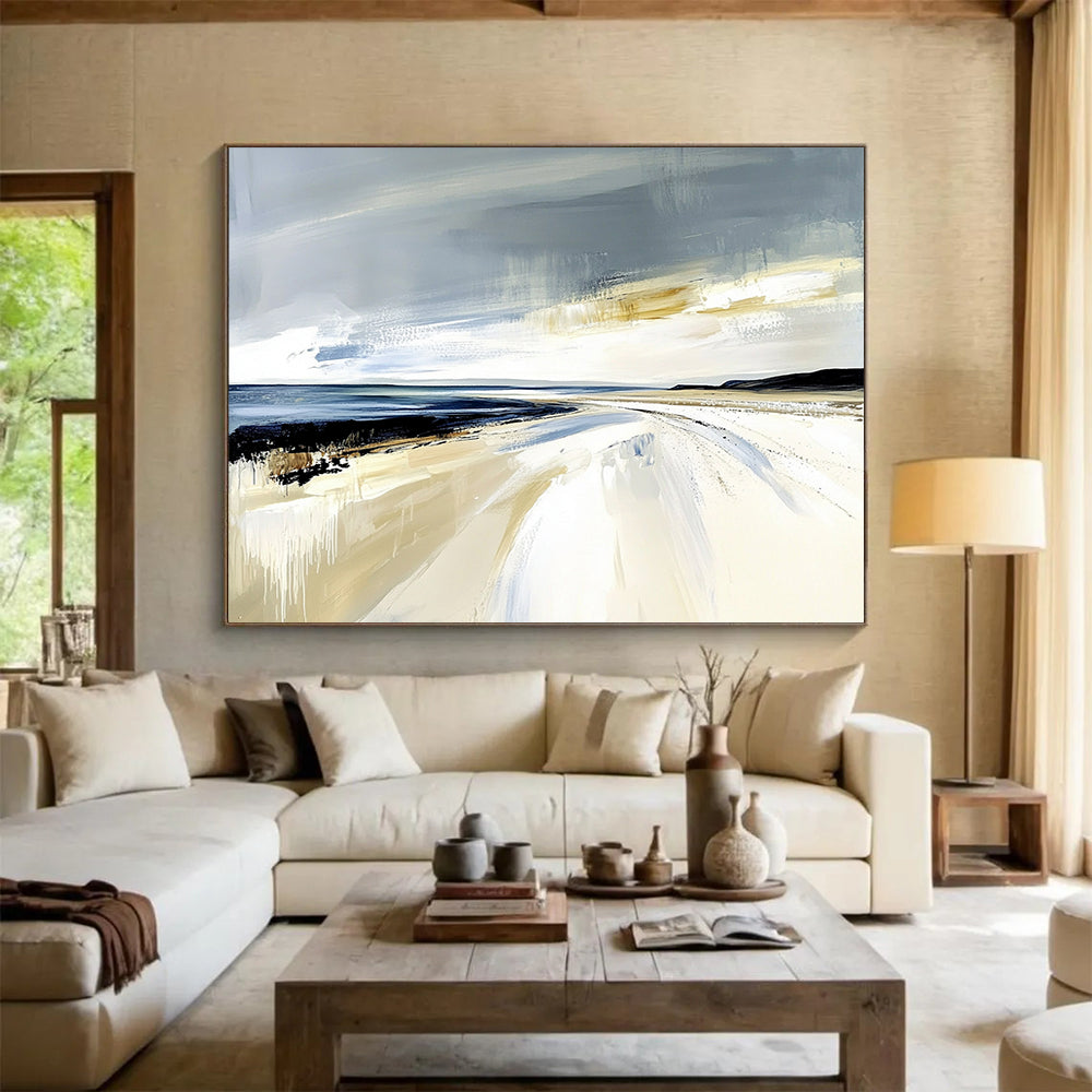 “Dynamic Beach Drips” - Gray, Blue, Beige, Abstract Dripping Beachscape Painting On Canvas HB1073
