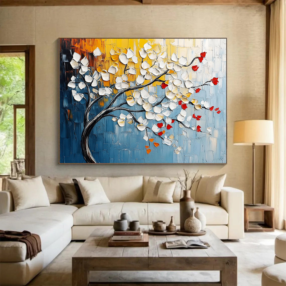 “Textured Blossom Branch” - White, Red, Yellow, Blue - Impasto Floral Branch - Acrylic Painting HB1330