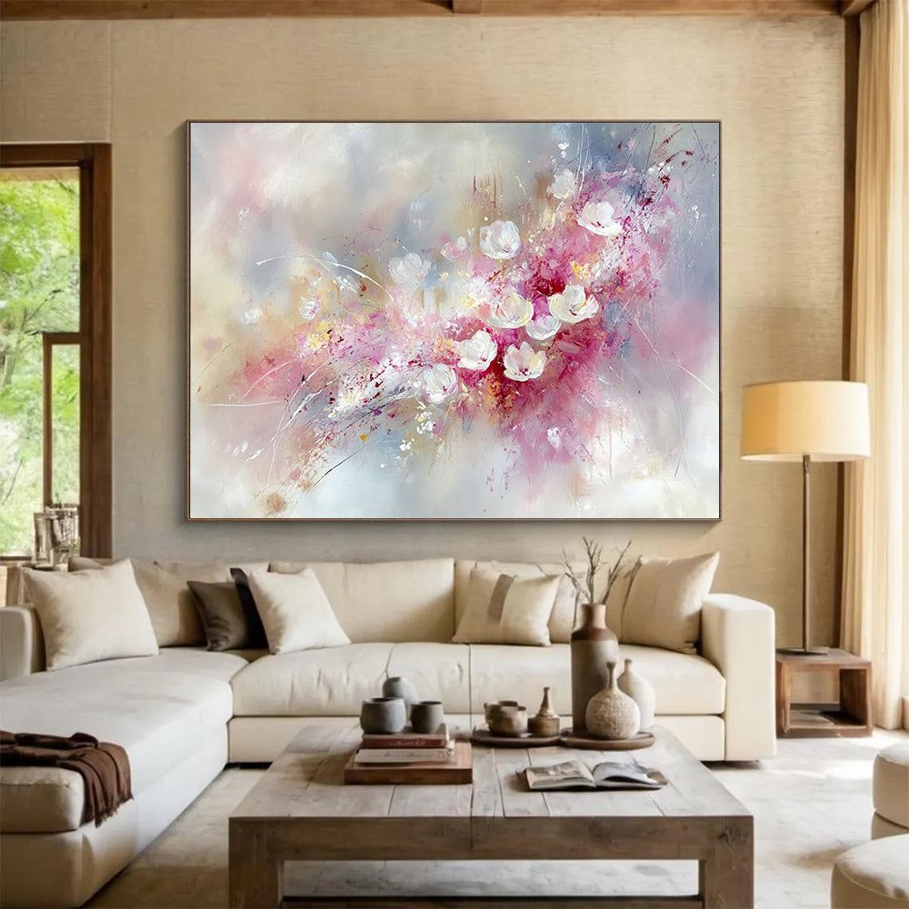 “Blush Floral Burst” - Pink, White, Gray, Abstract Flowers - Oil Painting HB1481
