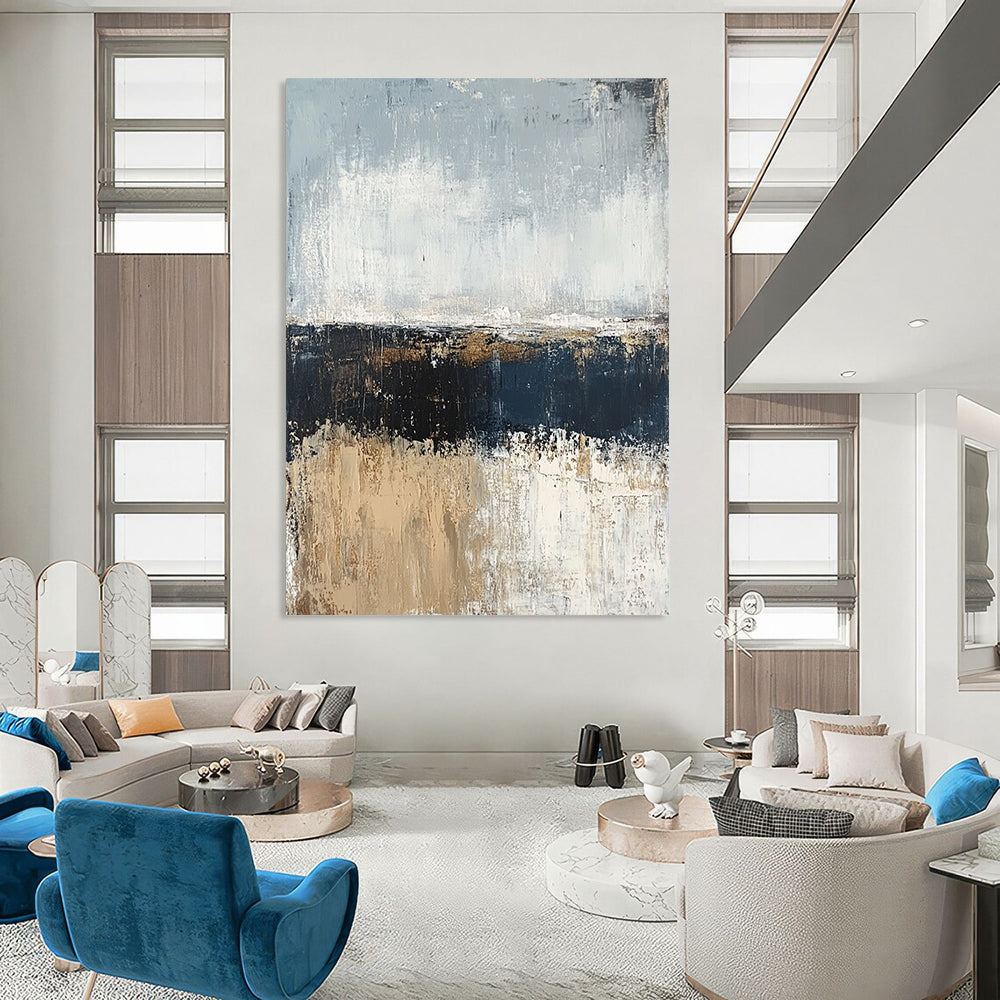 Contemporary hand-painted abstract artwork featuring a serene ocean shore in muted gray and blue tones with a neutral palette of beige and brown in oil paint. DLZ0955