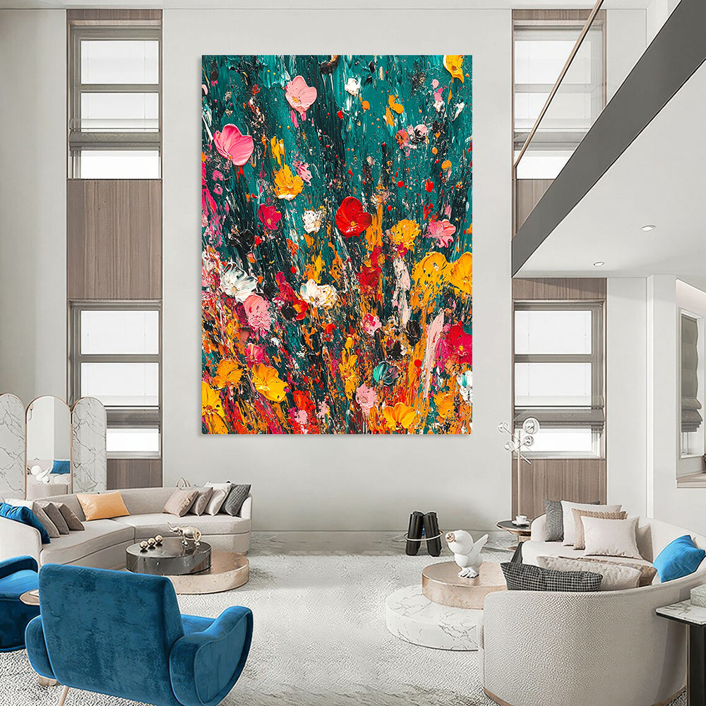 Vibrant contemporary abstract painting featuring lush emerald green and dynamic splashes of color creating a joyful and playful atmosphere. DLZ1175