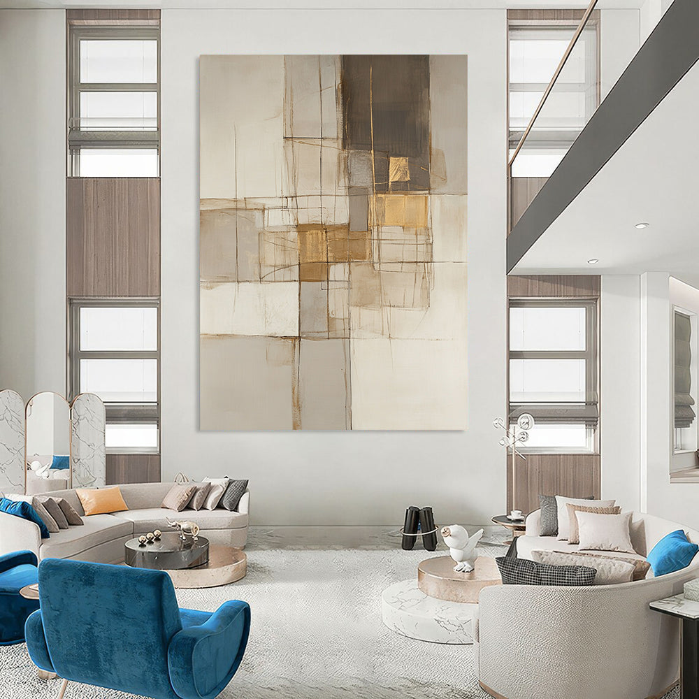 Large contemporary hand-painted abstract artwork featuring neutral tones with lines and squares accented in gold, beige, gray, and white. DLZ0923