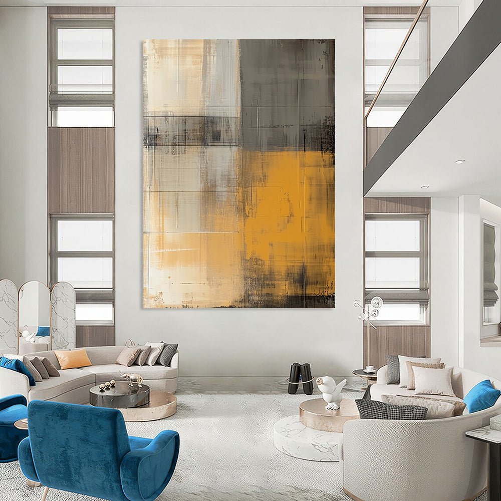Contemporary abstract artwork featuring an urban city wall in muted yellow and beige hues with a textured vintage aesthetic inspired by Euan Uglow. DLZ0587
