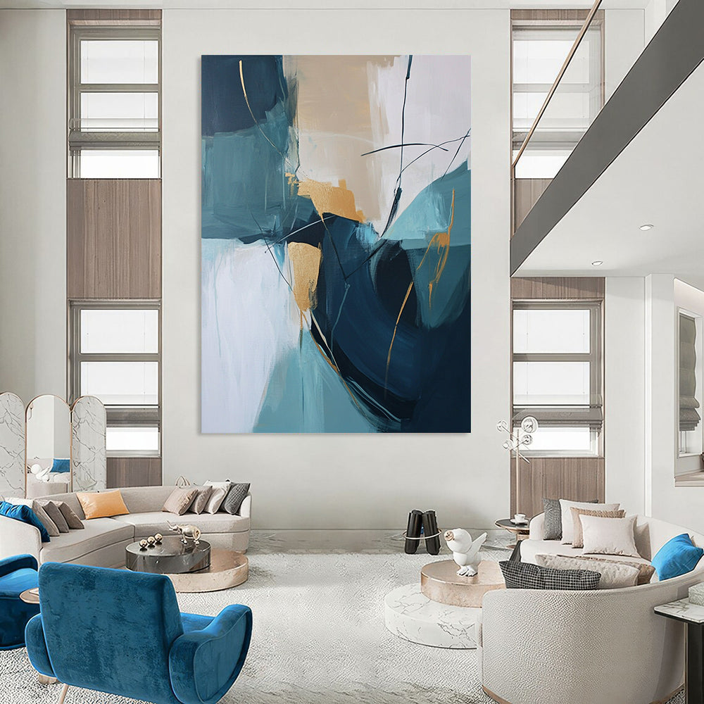 Large contemporary hand-painted abstract artwork featuring beige and teal colors with thick brush strokes and gold accents. DLZ0728