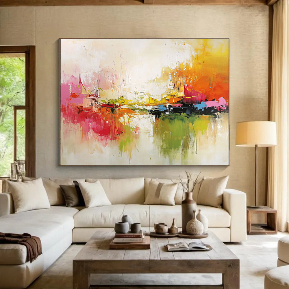 “Vibrant Abstract Harbor” - Red, Yellow, Green, Blue, Bold Boats and Reflections Painting On Canvas HB0924