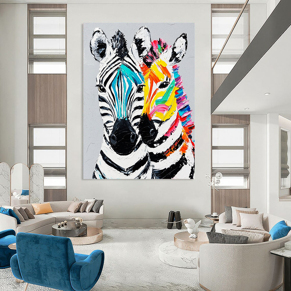Contemporary hand-painted abstract artwork featuring two vibrant zebra heads with textured fur details against a gray background. DLZ1231
