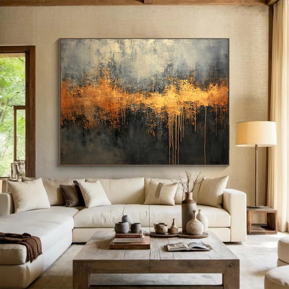 “Gothic Gold Drip” - Gray, black, gold; Dramatic gold drips on dark; Oil Painting On Canvas HB1211