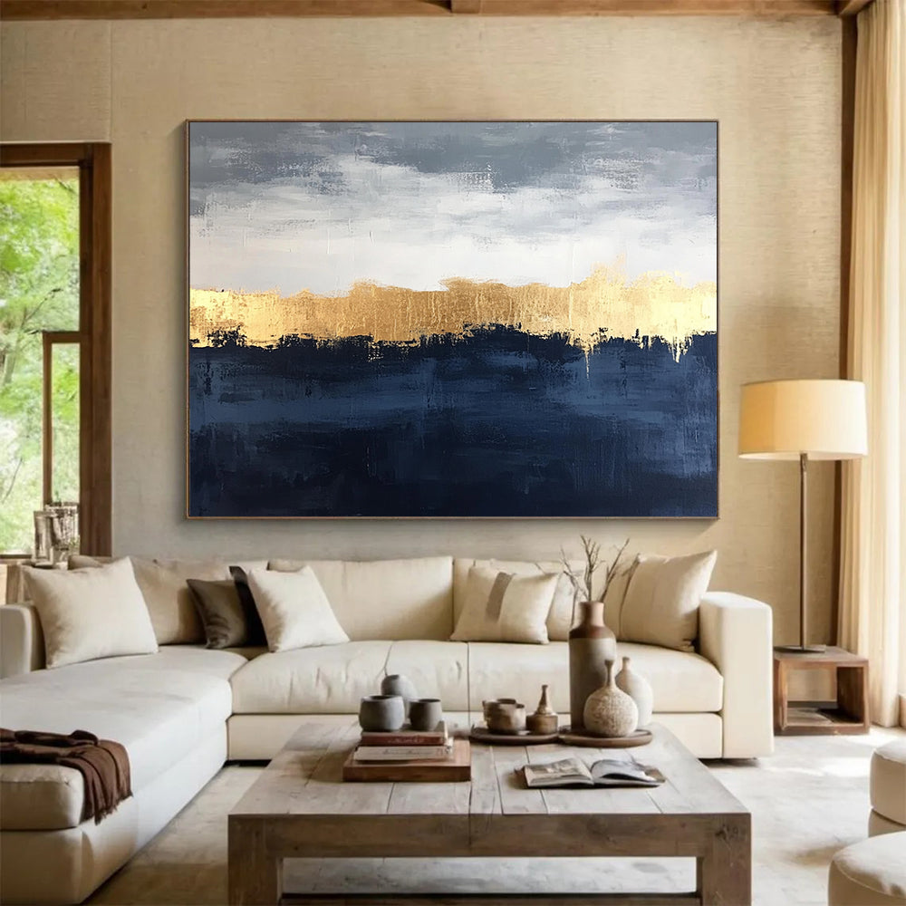 “Gold Horizon Over Blue - Gray Landscape” - Gold, Blue, Gray, Horizon Line Painting On Canvas HB0817