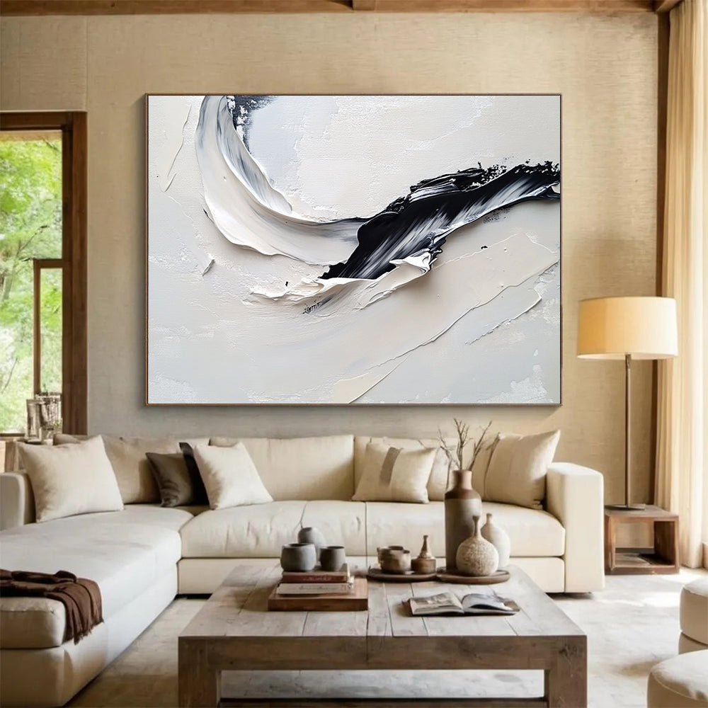 “Curved Black - White Textures” - Black, White, Curved Thick Textured Strokes - Impasto Oil Painting HB1779