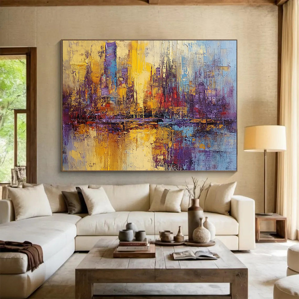 “Colorful City Reflection” - Yellow, Purple, Blue, Abstract Cityscape Reflection Painting On Canvas HB0986