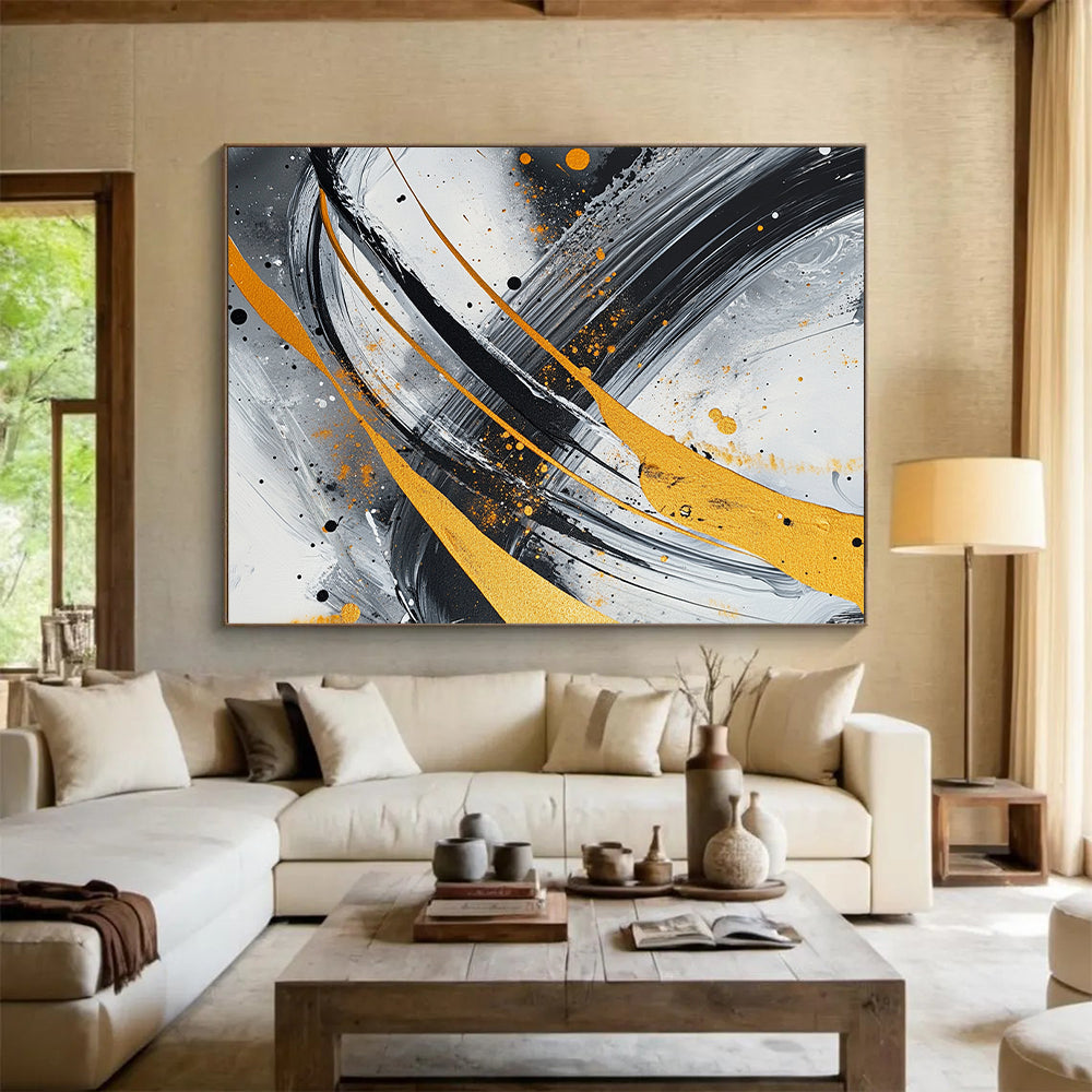 Gray, Black, White, Gold, Orange, Swirling Strokes "Fiery Galaxy" Abstract Cosmic - Inspired Painting On Canvas HB069