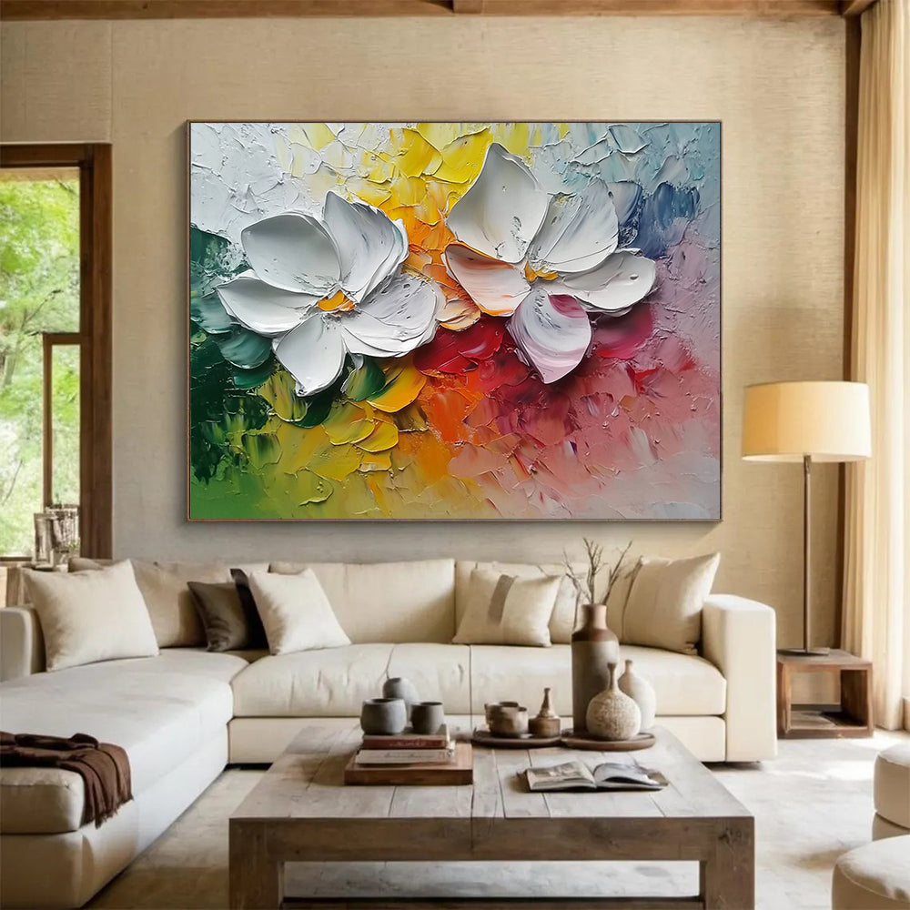 “3D White Flowers on Colorful Background” - White, Yellow, Red, Green, Impasto Floral Painting On Canvas HB1015