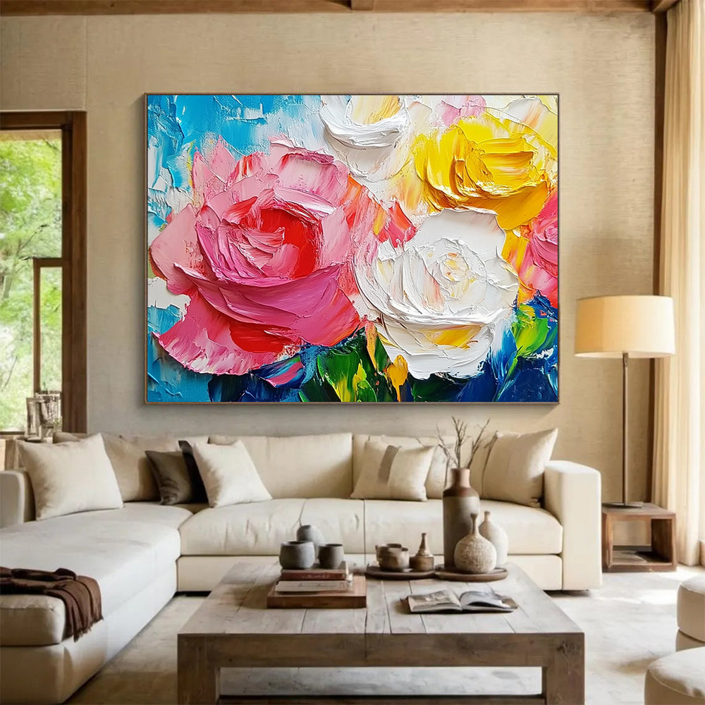 “Colorful Rose Impasto” - Pink, Yellow, White, Blue - 3D Rose Bouquet - Impasto Painting HB1302