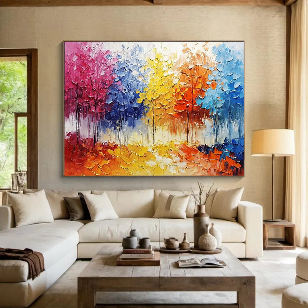 “Colorful Textured Forest” - Colorful Palette, Textured Tree Landscape Painting On Canvas HB0856