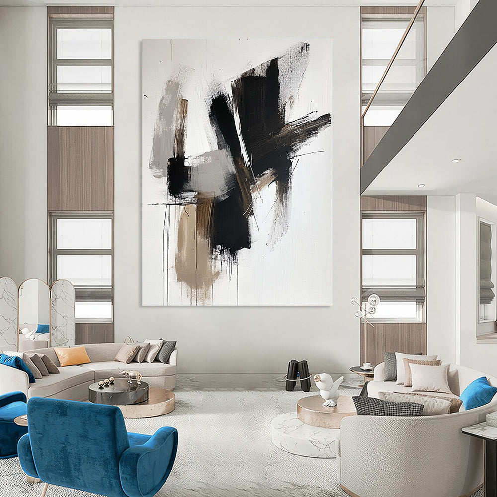 Contemporary hand-painted abstract artwork features bold black shapes with brown tones and white accents on a sleek neutral backdrop. DLZ0316